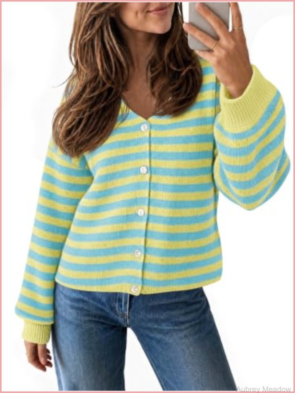 Womens Oversized Striped Cardigan V Neck Button Down Lantern Sleeve Knit